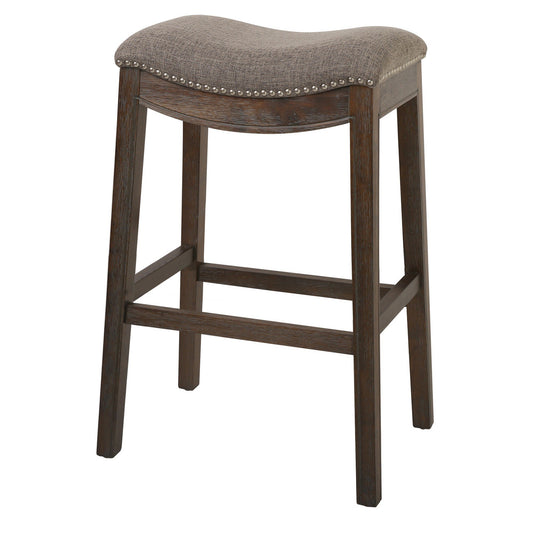 Bar Height Saddle Style Counter Stool with Taupe Fabric and Nail head