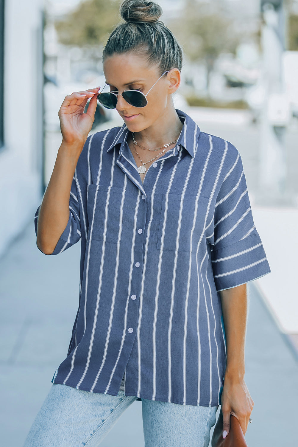 Blue Pocketed Striped Shirt