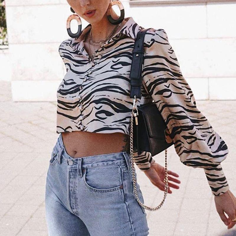 Animal print satin blouse shirt Women turndown collar buttons