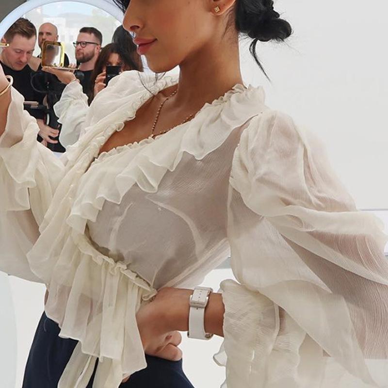 Long sleeve white blouse shirt Women lace up ruffles sexy