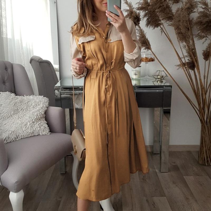 Elegant Khaki mid waist long sleeve dress autumn winter long female