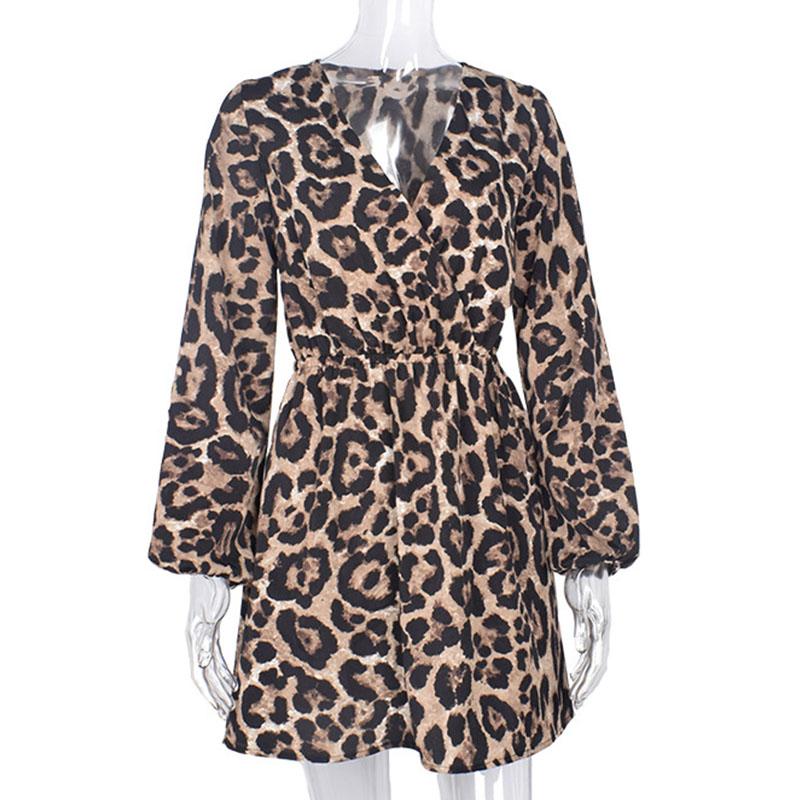 Leopard print off shoulder v neck sexy dress Long lantern