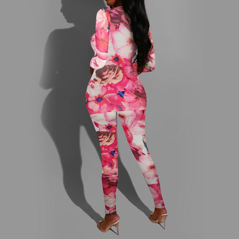 Pink two piece set flower print jumpsuit Women long sleeve