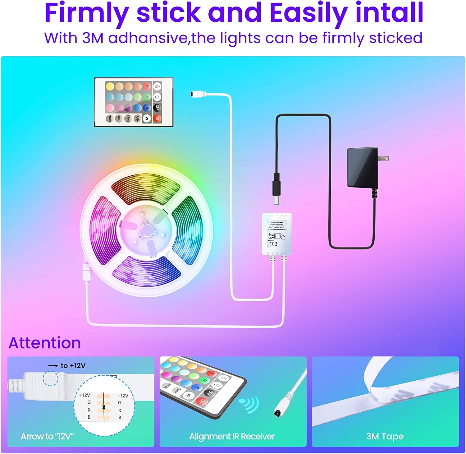 50 FT LED Strip Lights,Bluetooth LED Lights for Bedroom, Color Changing Light Strip with Music Sync, Phone Controller and IR Remote