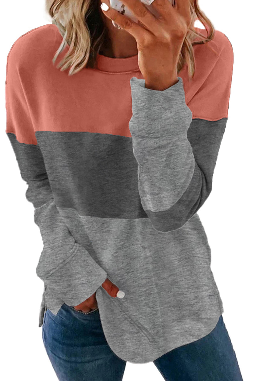 Colorblock Gray Contrast Stitching Sweatshirt with Slits