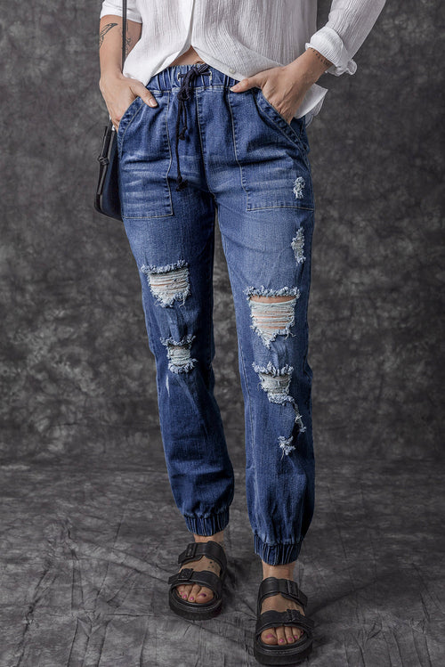 Blue Pocketed Distressed Denim Joggers