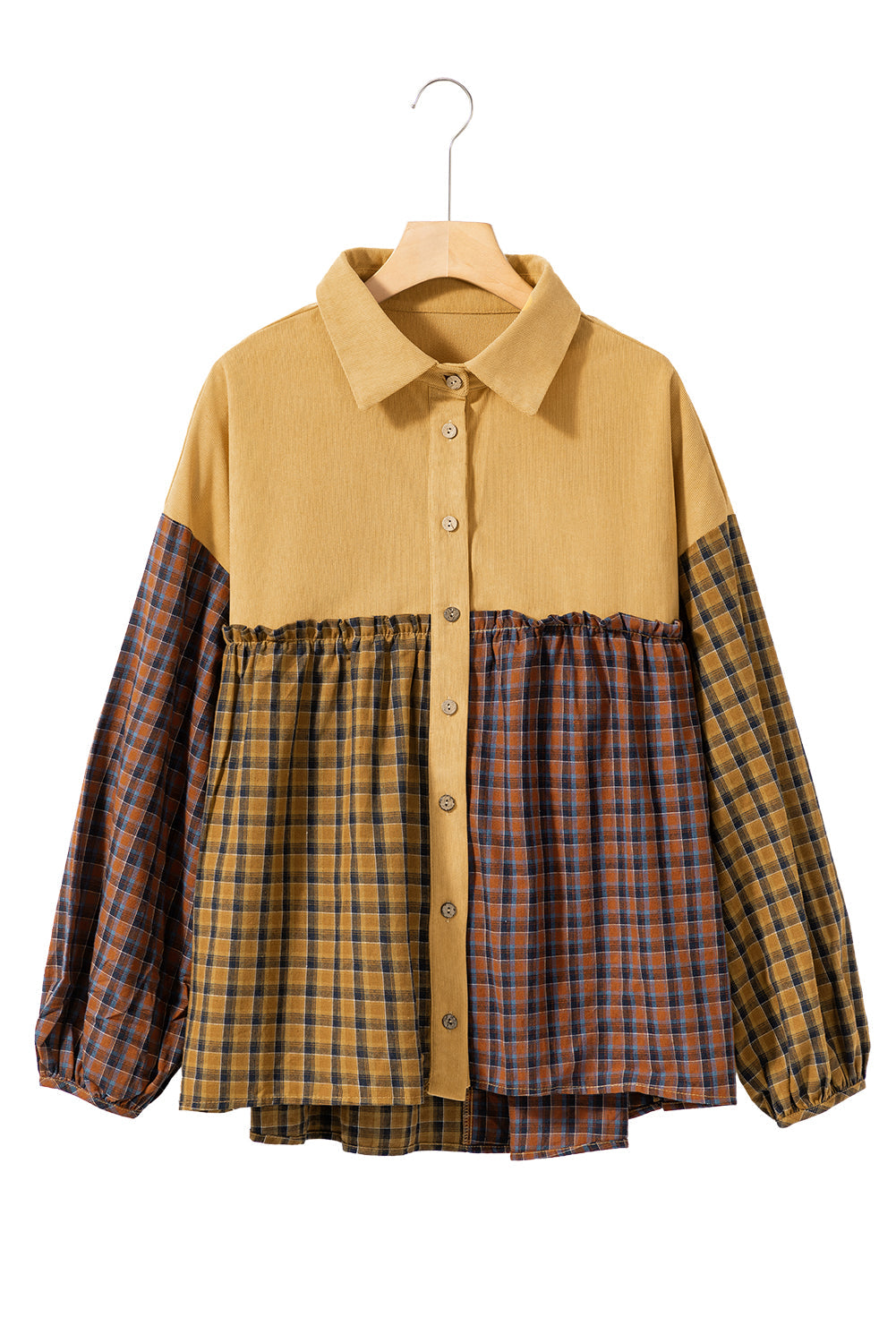 Mustard Contrast Plaid Print Puff Sleeve Shirt