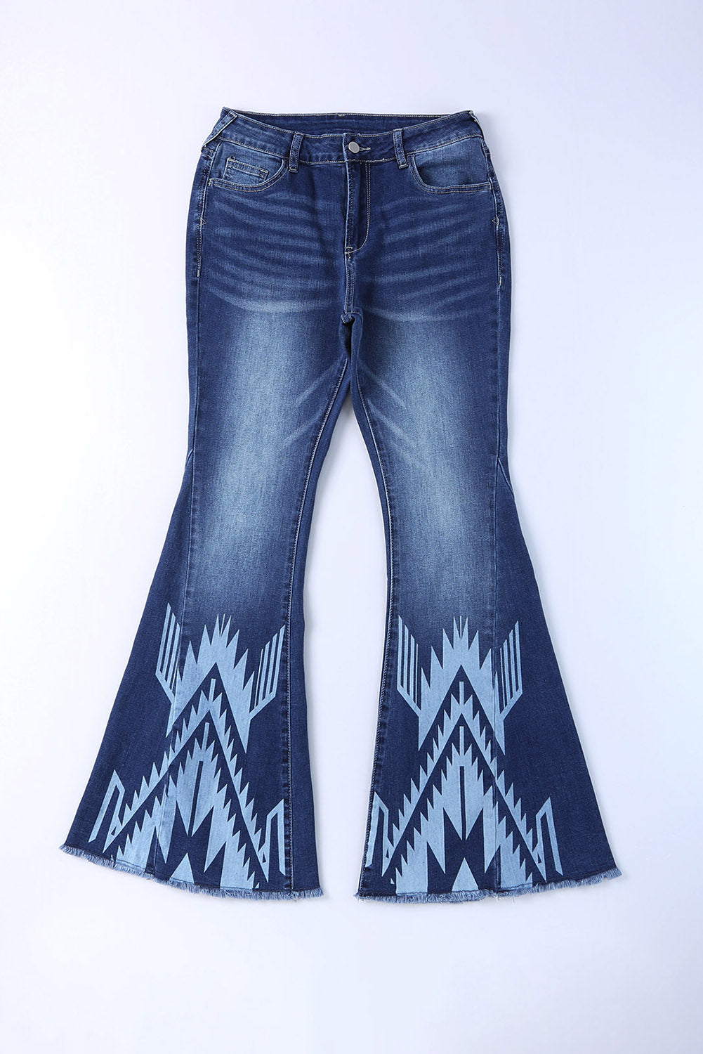 Blue Western Pattern High Rise Flare Jeans