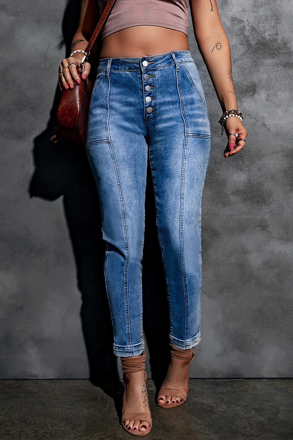 Sky Blue High Rise Button Fly Center Seam Tight Jeans - Craze Trends