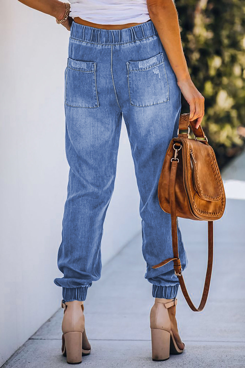 Blue Pocketed Distressed Denim Joggers