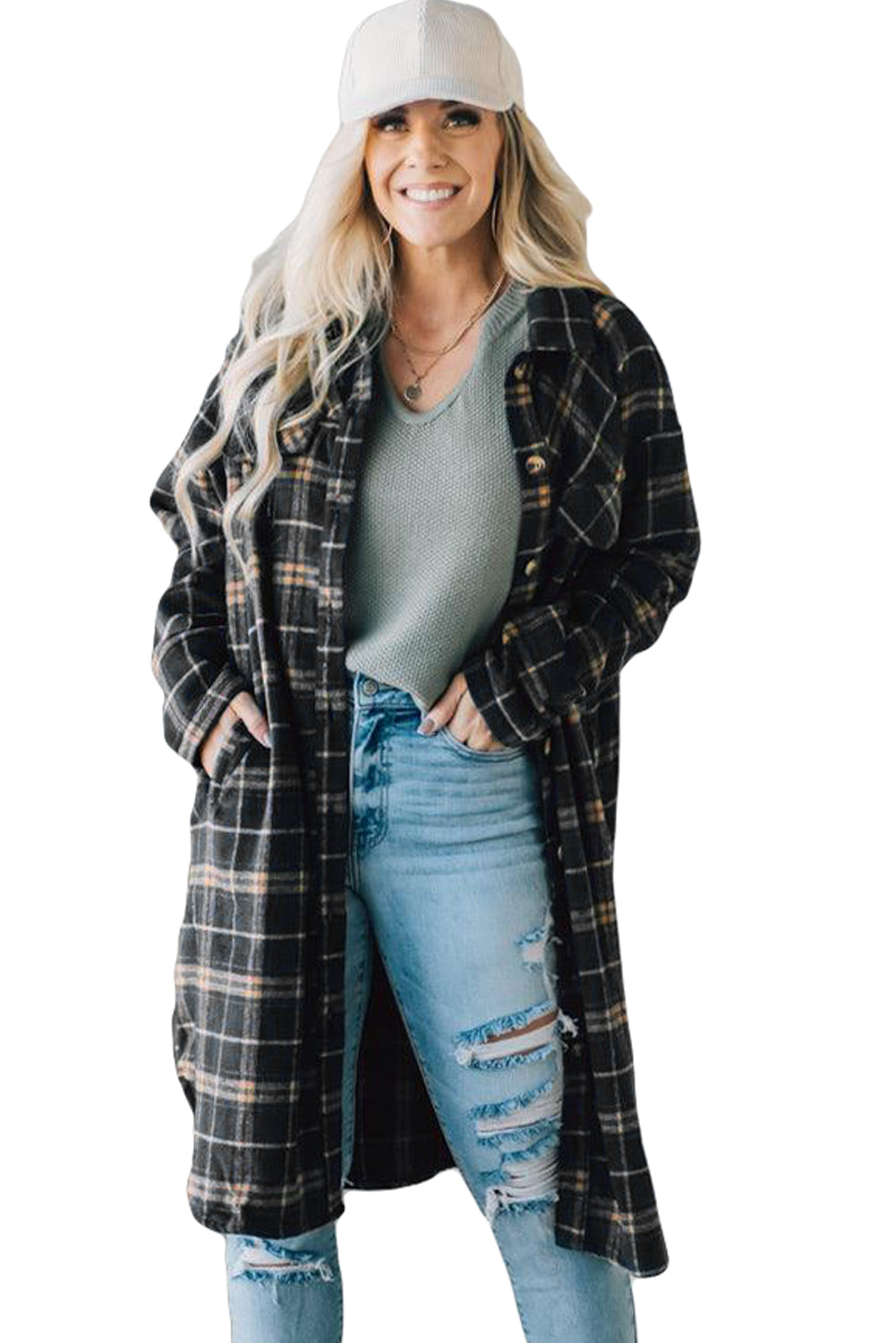 Black Plaid Button Front Pocketed Long Shacket