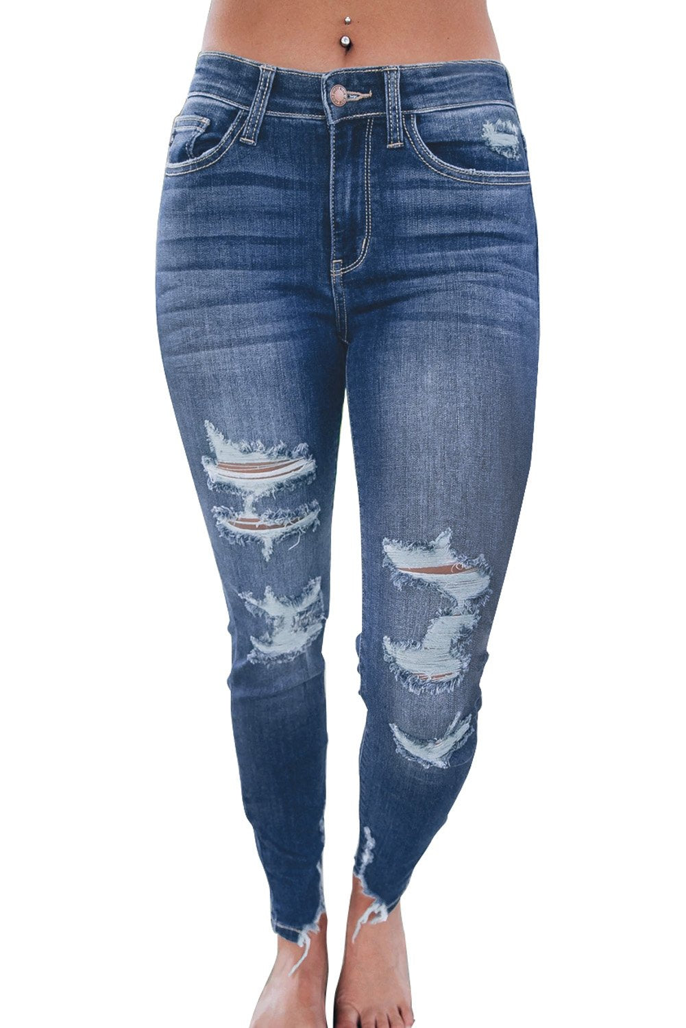 Medium Wash High Rise Distressed Skinny Jeans