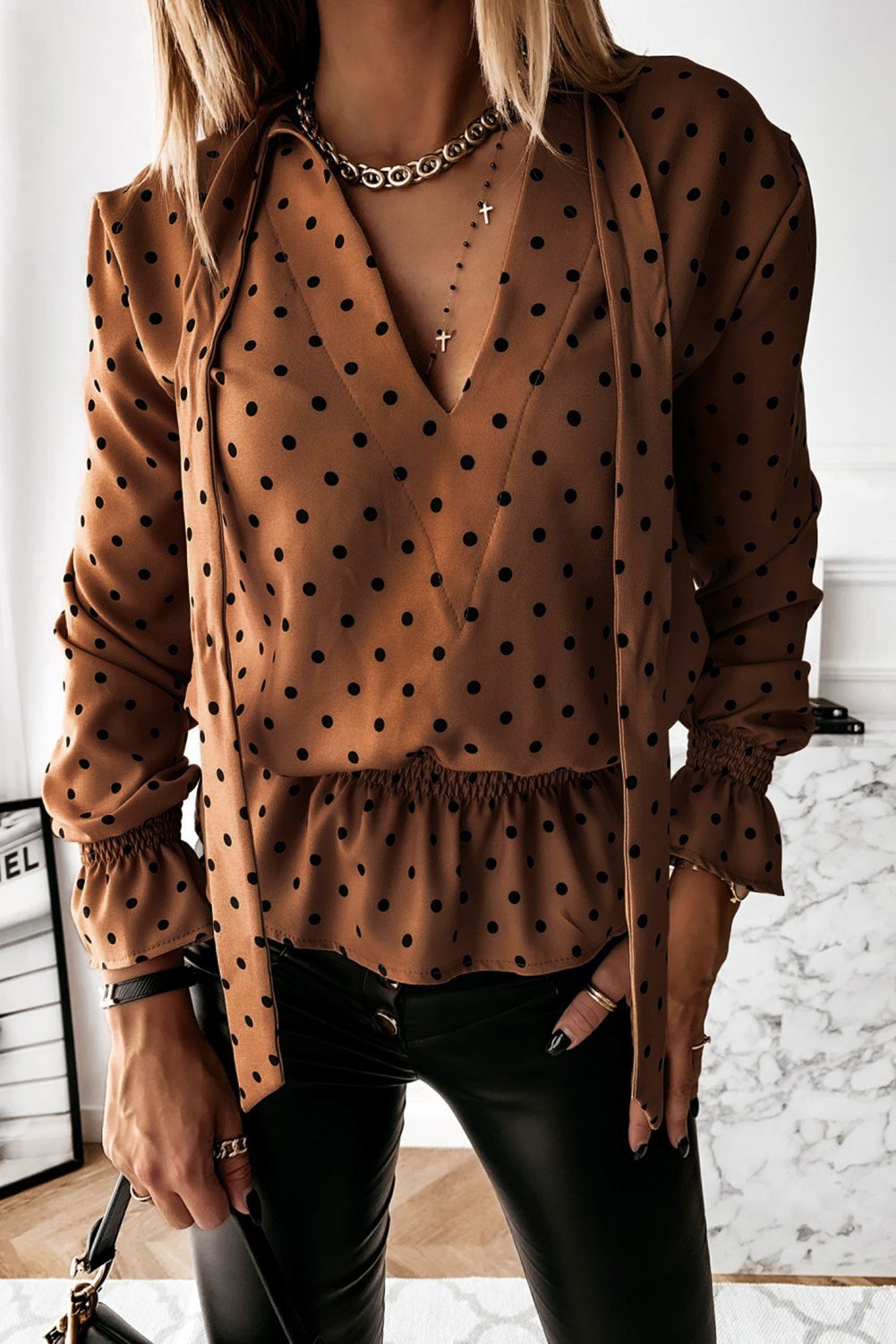 Khaki V Neck Tie Polka Dot Ruffled Blouse