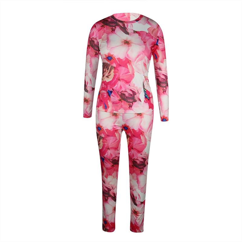 Pink two piece set flower print jumpsuit Women long sleeve