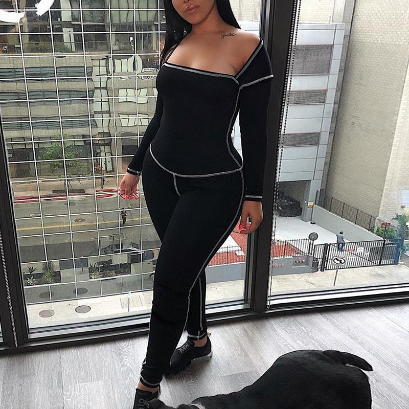 Square collar sexy jumpsuit Long sleeve knitted women