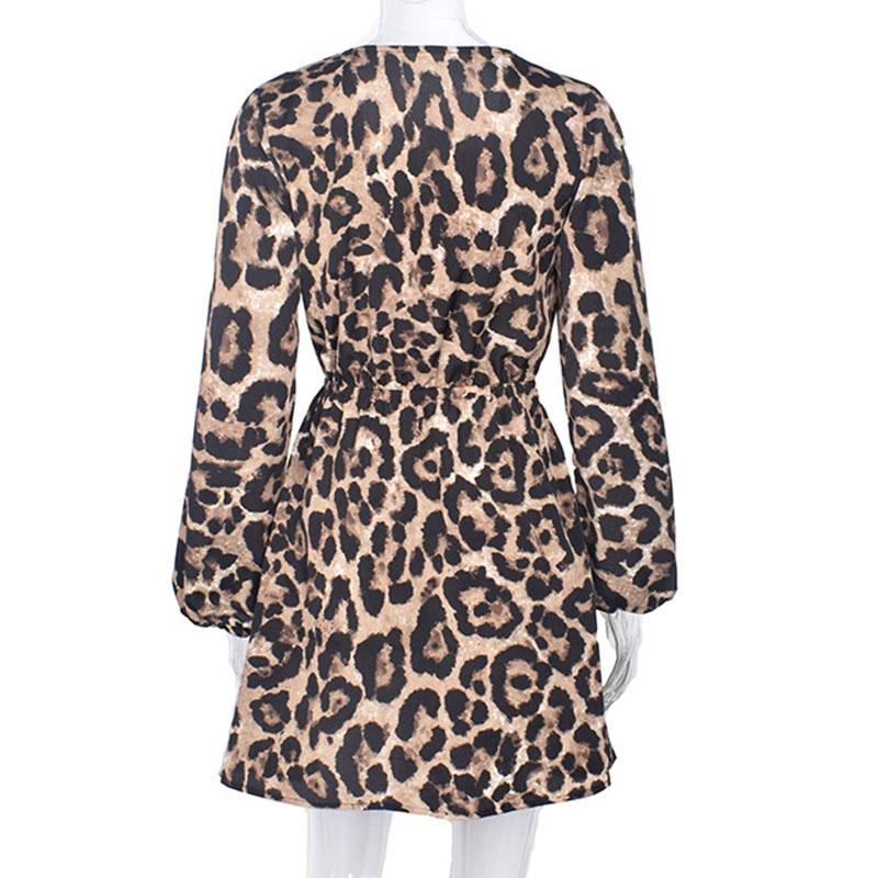 Leopard print off shoulder v neck sexy dress Long lantern