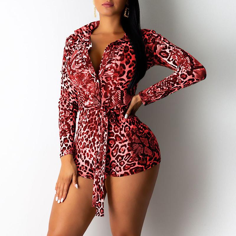 Leopard print long sleeve sexy bodycon playsuit Women autumn