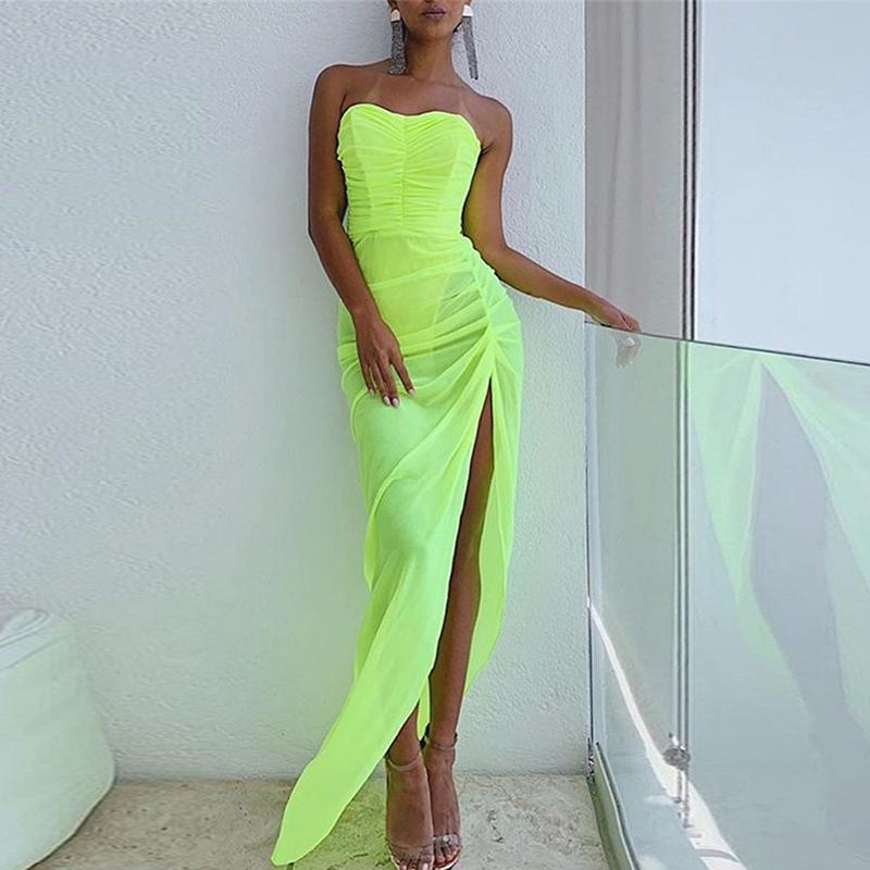 Neon pleated split elegant dress