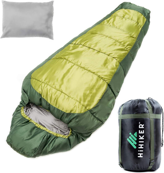 Mummy Bag + Travel Pillow W/Compact Compression Sack – 4 Season Sleeping Bag for Adults & Kids – Lightweight Warm and Washable, for Hiking Traveling & Outdoor Activities