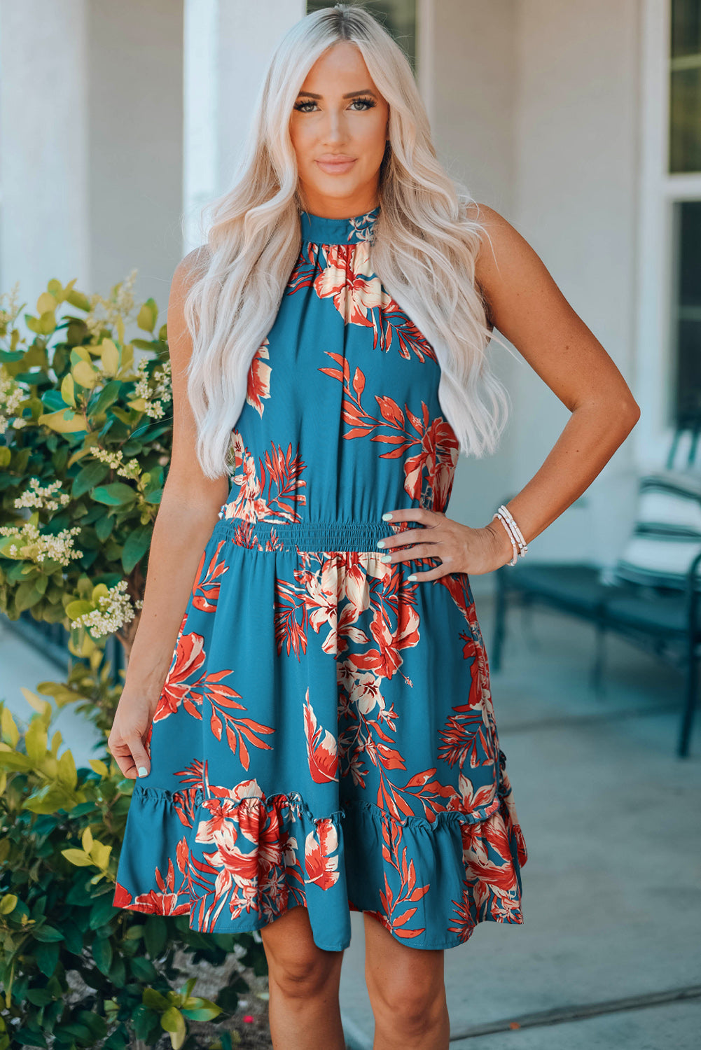 Sky Blue Floral Print Sleeveless Ruffled Mini Dress - Craze Trends