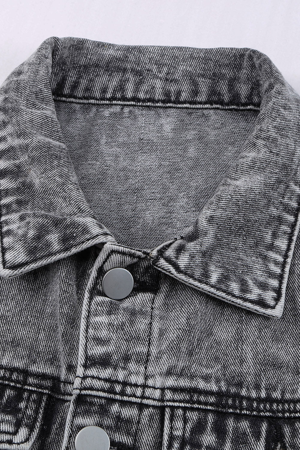 Gray Distressed Buttons Washed Denim Jacket