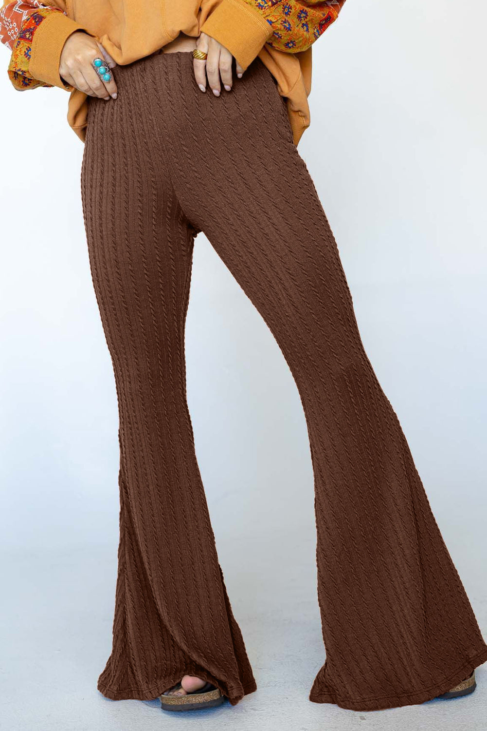 Coffee Textured Knit Mid Waist Flare Pants