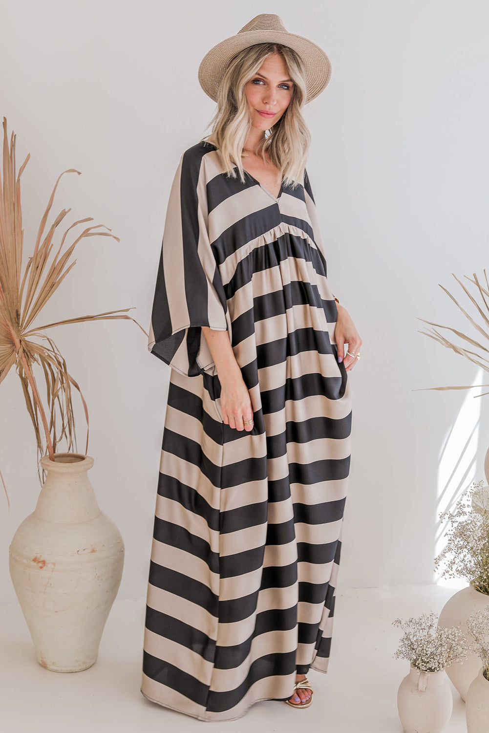 Black V Neck Kimono Sleeve Striped Maxi Dress