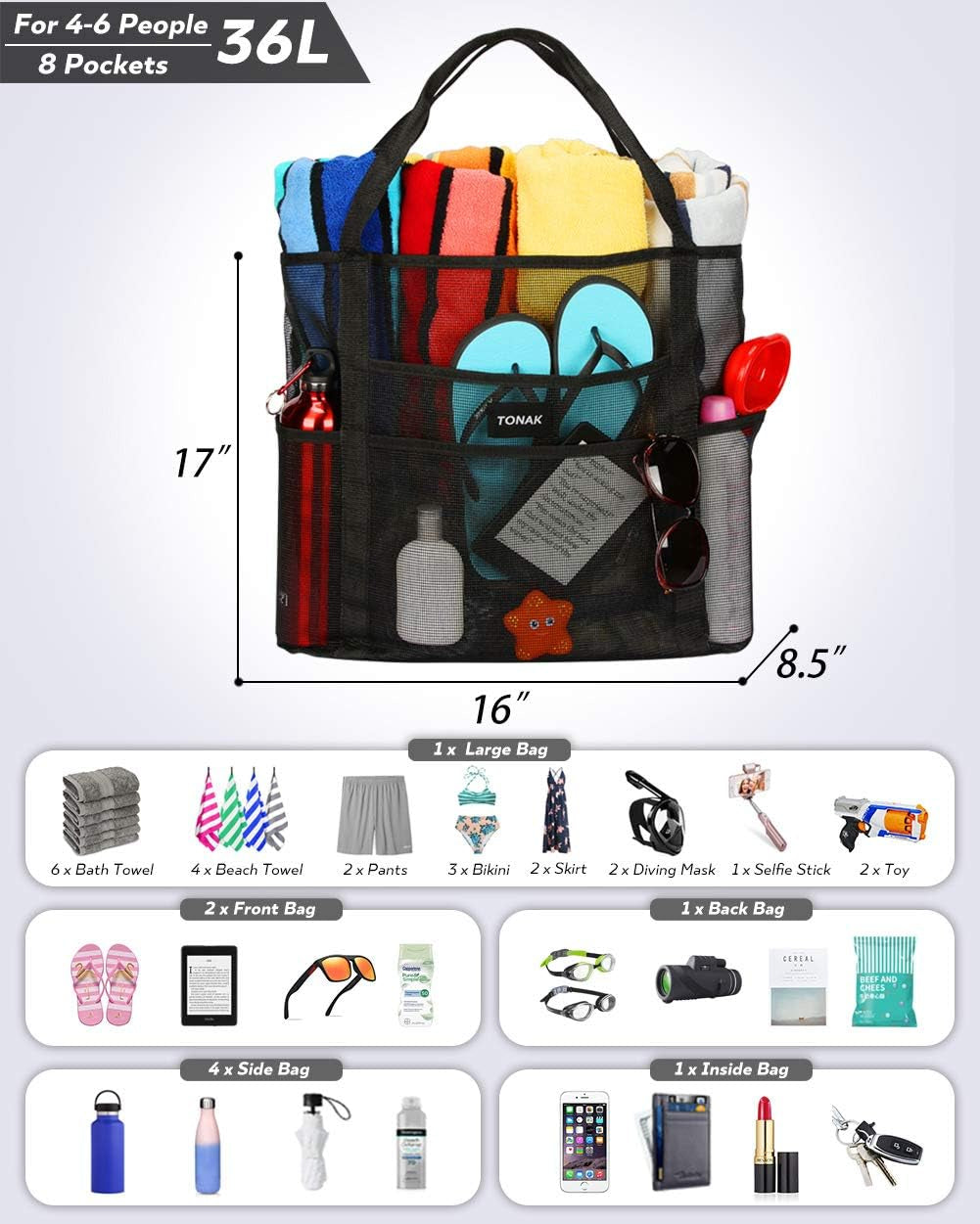 Mesh Beach Bag Toy Tote Bag Grocery Storage Net Bag Oversized Big XL with Pockets Foldable Lightweight for Family Pool