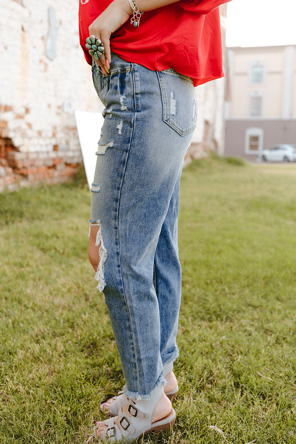 Sky Blue Ripped High Waist Boyfriend Jeans - Craze Trends