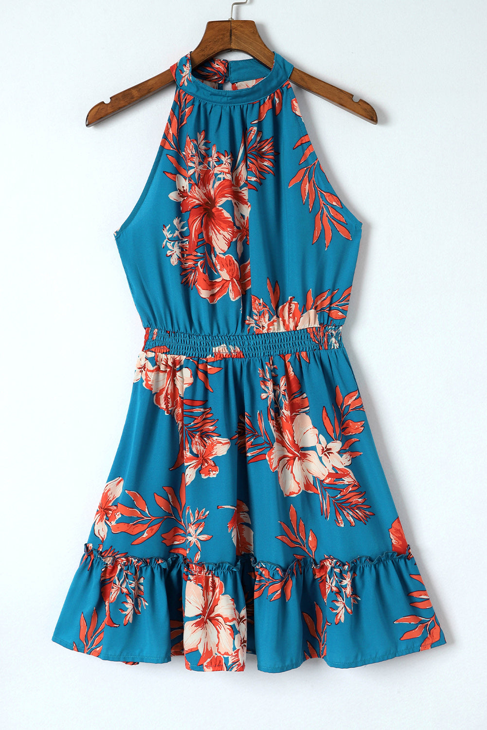 Sky Blue Floral Print Sleeveless Ruffled Mini Dress - Craze Trends