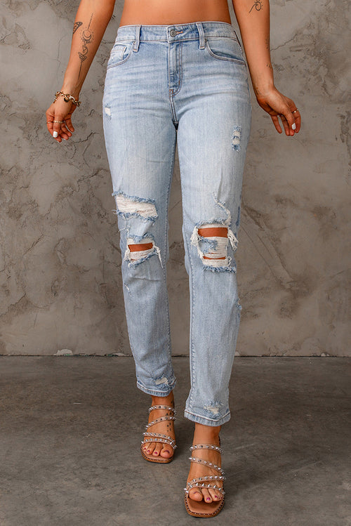 Sky Blue Ripped Mid Waist Jeans - Craze Trends