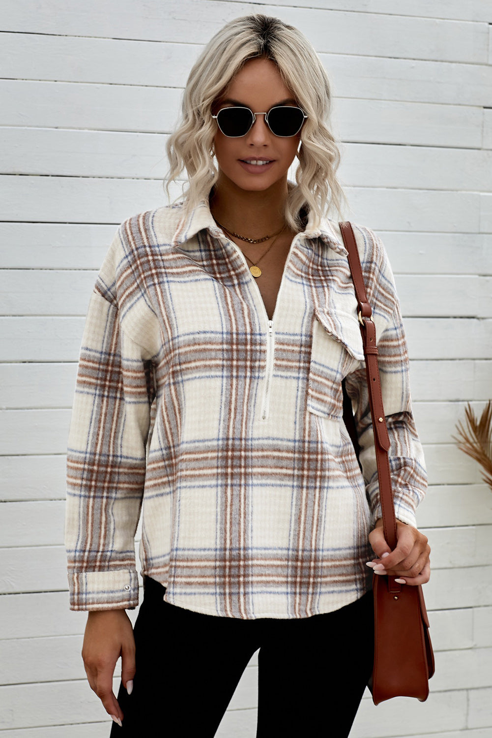 Chest Pocket Plaid Half Zip Sweatshirt