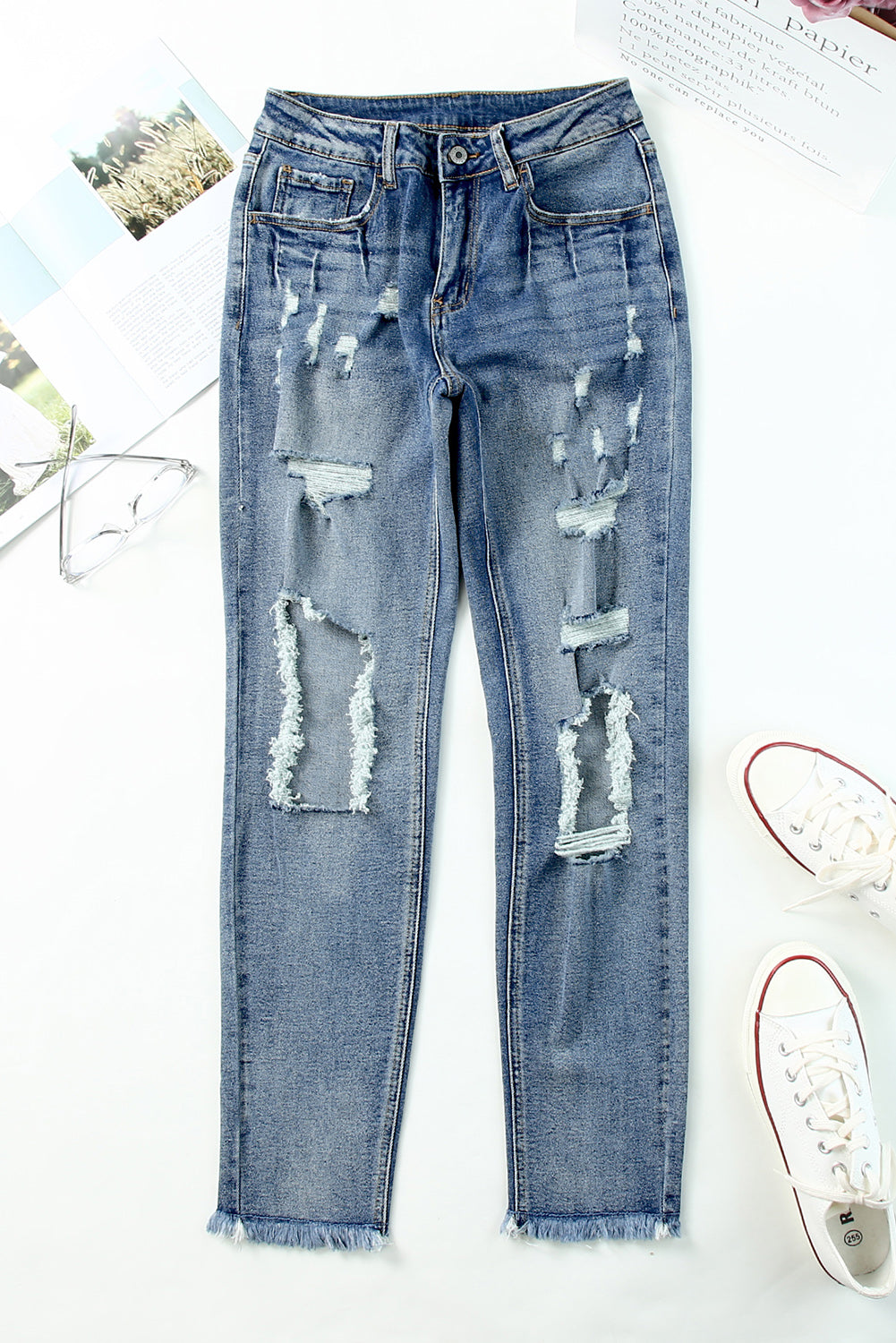 Sky Blue Ripped High Waist Boyfriend Jeans - Craze Trends