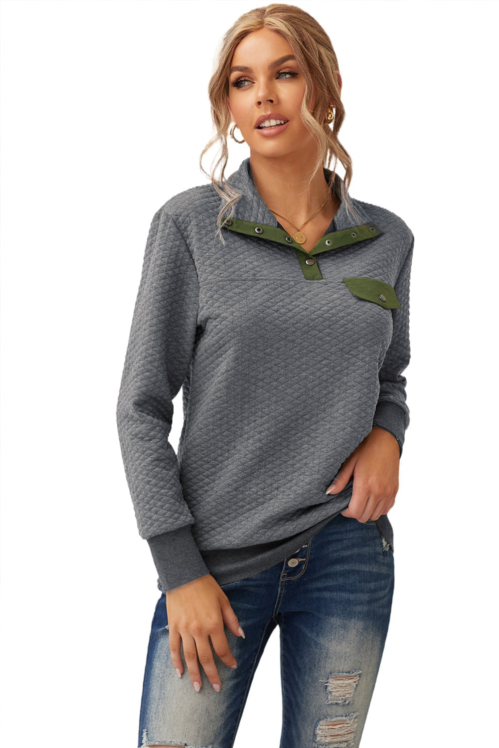 Gray Quilted Snaps Stand Neck Pullover Sweatshirt