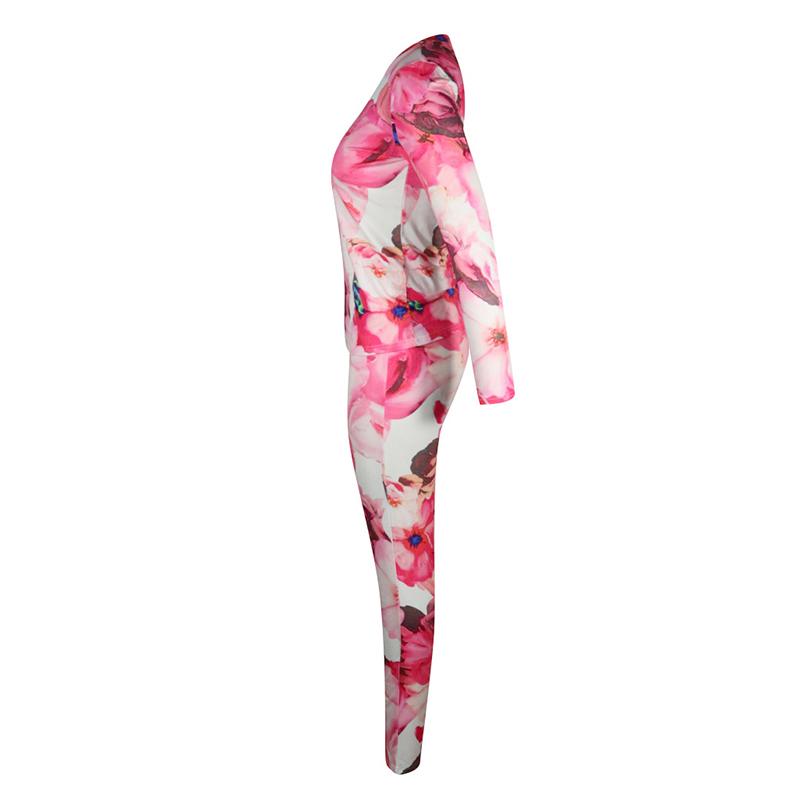 Pink two piece set flower print jumpsuit Women long sleeve