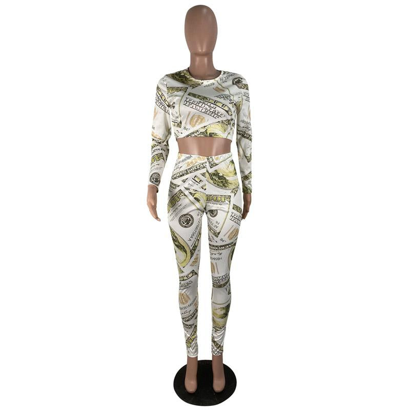 Dollar printing o neck jumpsuit Women slim long sleeve high