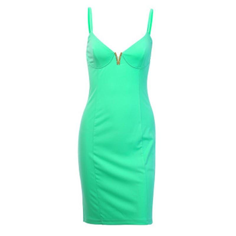 Green sexy short party dress Women v neck mini bodycon winter