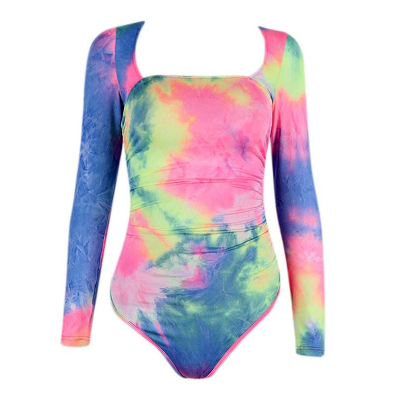 Tie dyed square collar bodysuit women tops Streetwear high