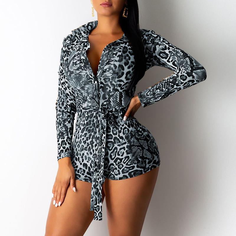 Leopard print long sleeve sexy bodycon playsuit Women autumn