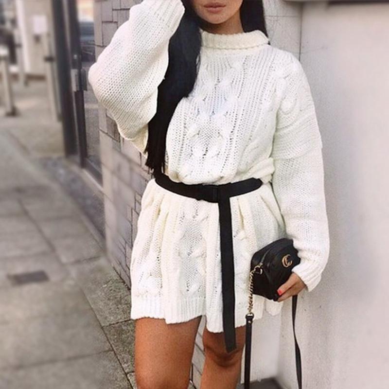 A-line turtleneck white sweater dress Sexy long sleeve