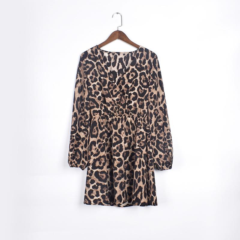 Leopard print off shoulder v neck sexy dress Long lantern