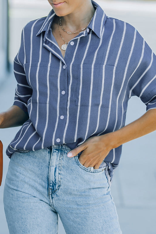 Blue Pocketed Striped Shirt