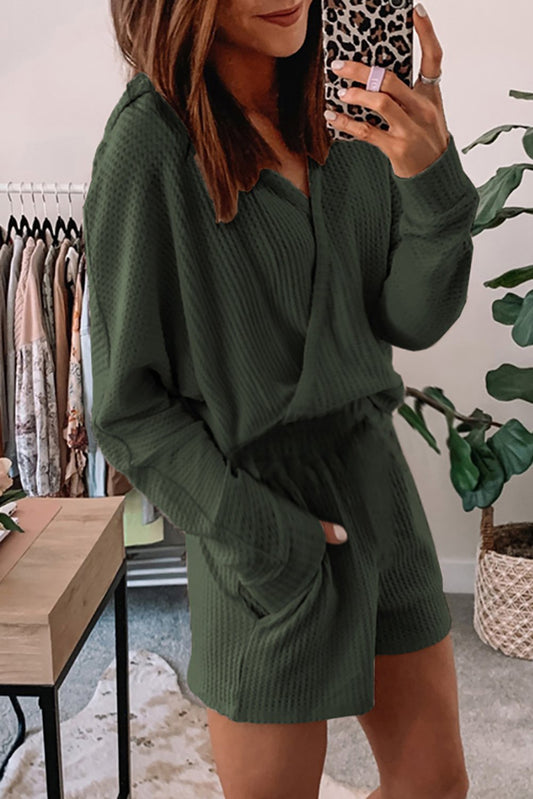 Waffle Texture V Neck Long Sleeve Hoodie & Shorts Two-Piece Loungewear