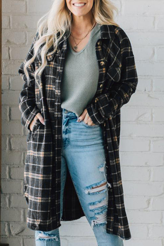 Black Plaid Button Front Pocketed Long Shacket