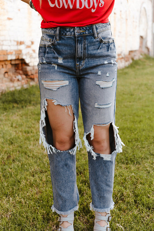 Sky Blue Ripped High Waist Boyfriend Jeans - Craze Trends