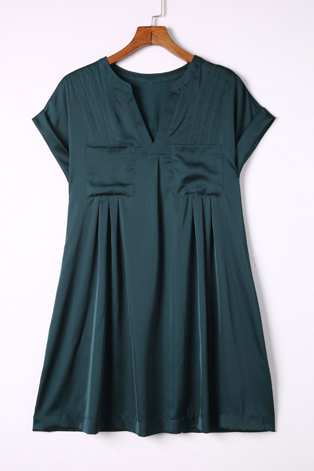 Green Notched Neckline Cuffed Short Sleeve Shift Dress