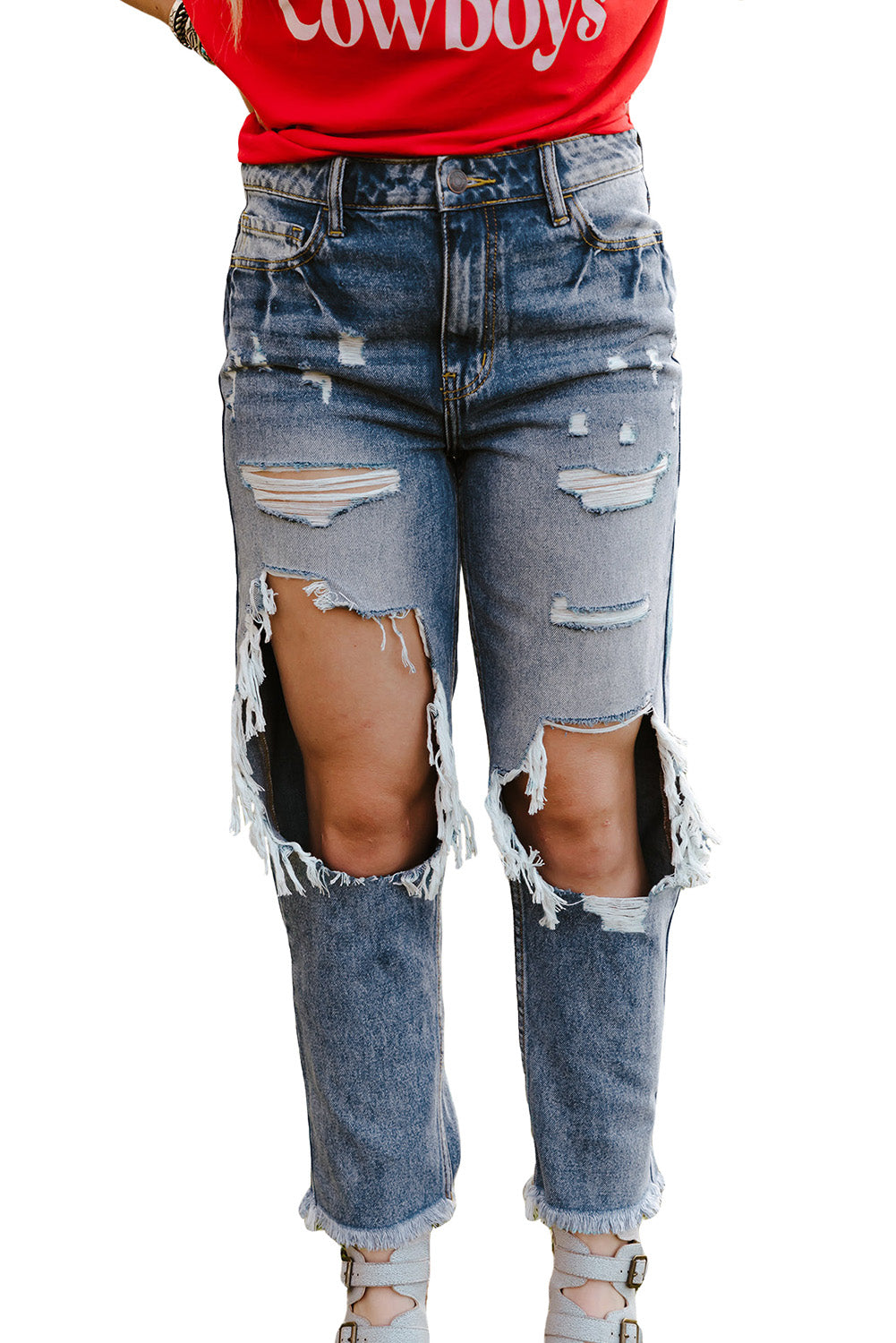 Sky Blue Ripped High Waist Boyfriend Jeans - Craze Trends