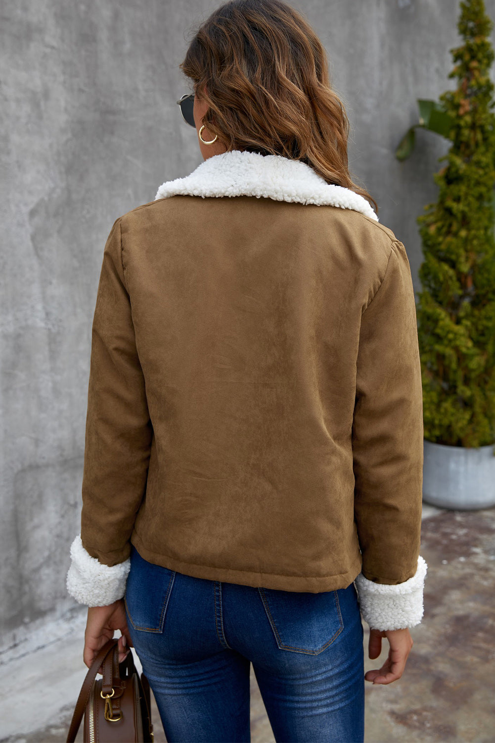 Brown Lapel Collar Fleece Open Front Coat