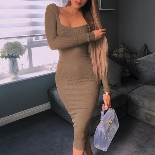 Khaki elegant backless knitted long dress Women long sleeve