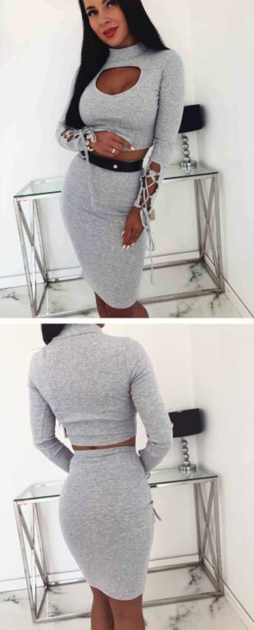 Knitted hollow out lace up dress Two piece set sexy bodycon